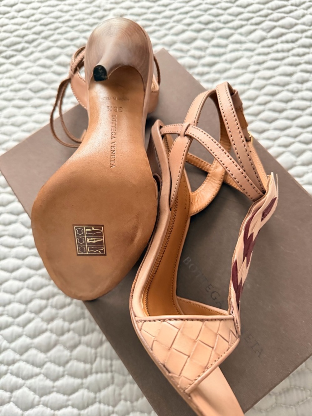 Bottega Veneta Tan and Burgundy Braided T-Strap Heels - Picture 3 of 7